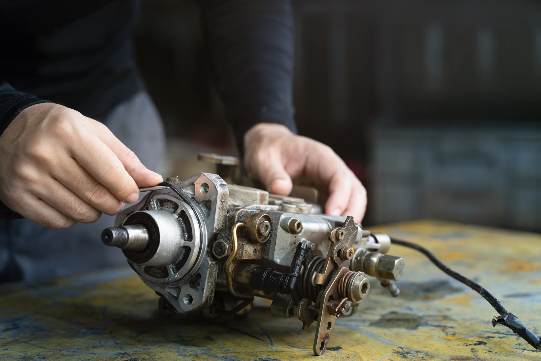 DPA-family rotary distributor pump being worked on at the bench