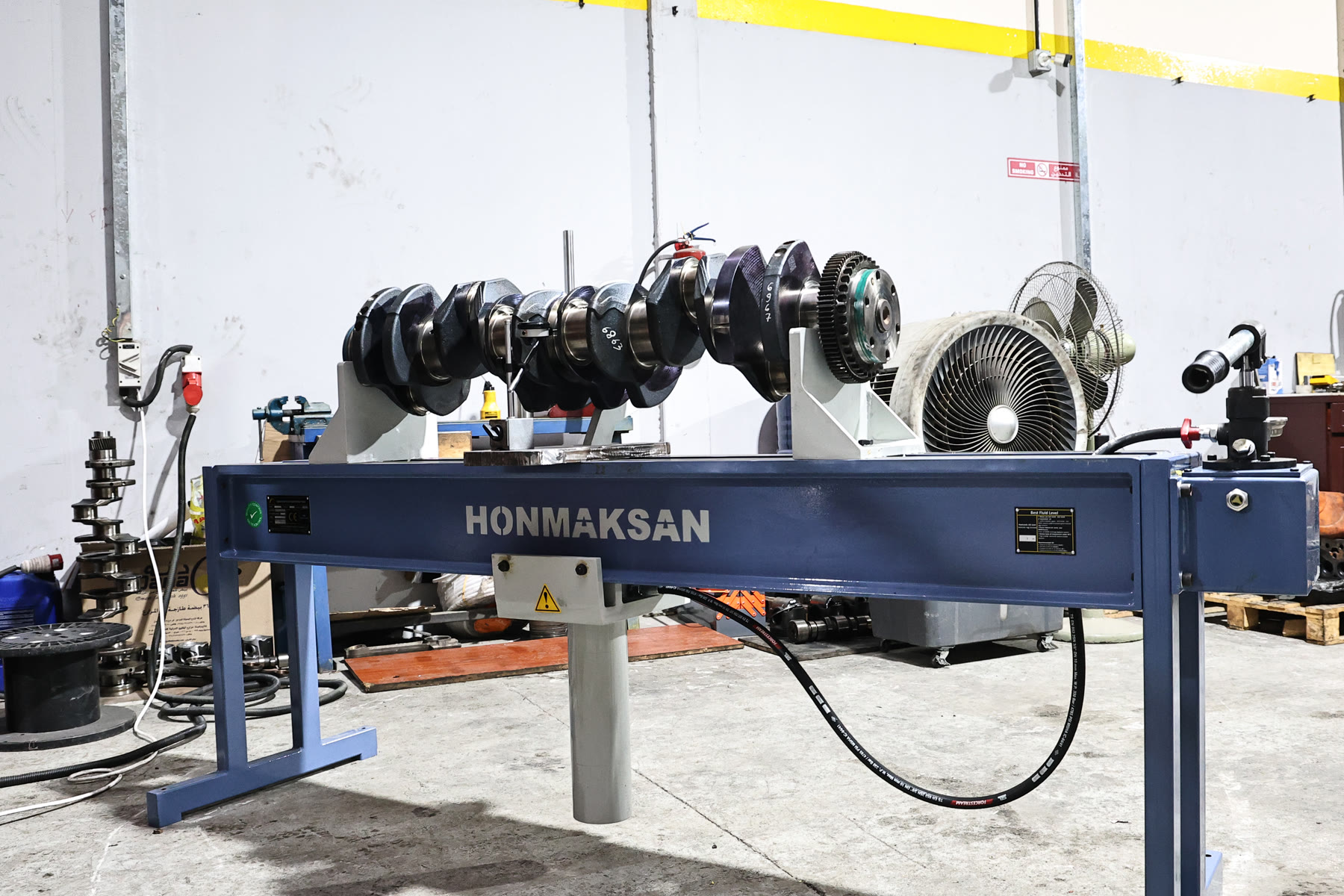 Diesel crankshaft set up on the workshop straightening and inspection bench