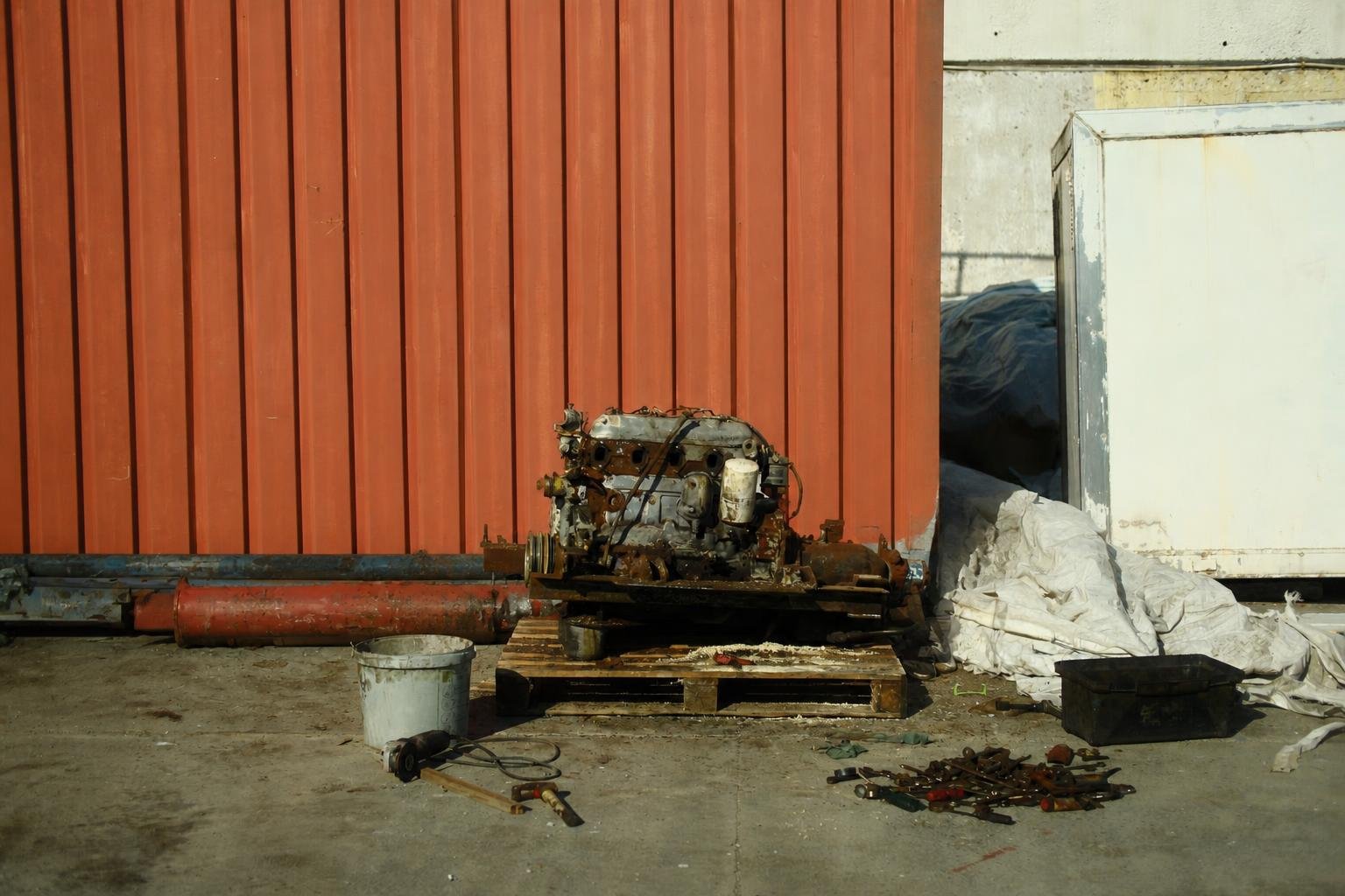 Two technicians collaborate over a weathered heavy engine in natural daylight.