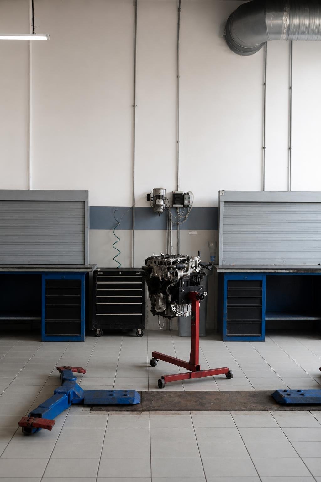 A mechanic in blue coveralls works around a removed engine mounted at a dedicated repair station.
