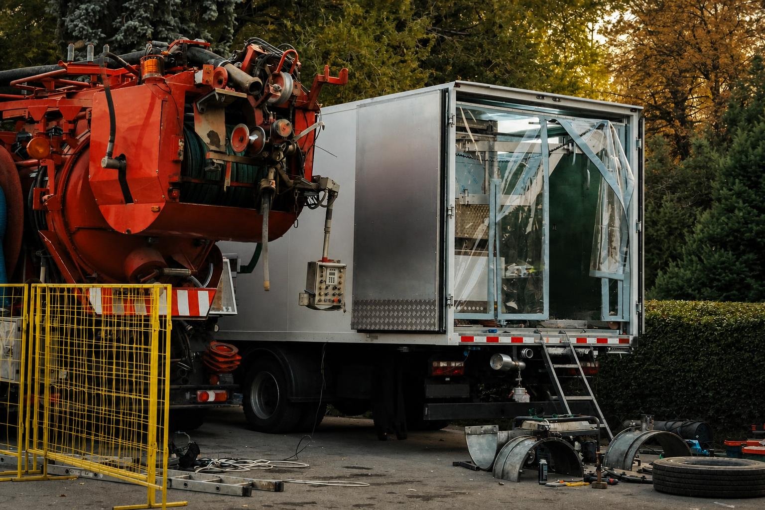 A worker performs hands-on repair around an industrial truck with tools and worksite equipment nearby.