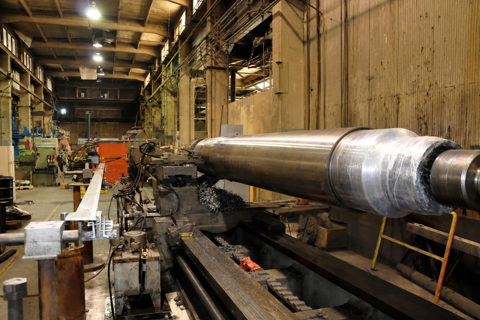 Wide factory scene with an operator leaning over a giant horizontal lathe while a long cylindrical shaft is being machined.