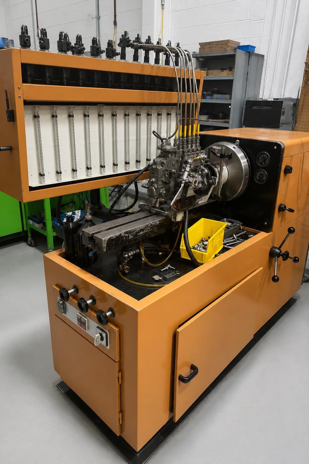 Portrait view of an orange pump test bench with graduated flow meters, controls, a mounted pump, and parts bins in an active shop.