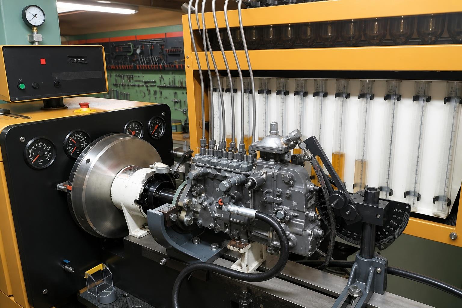 Detailed front view of a Bosch EFEP 500/515 bench with a mechanical pump, twelve flow tubes, pressure gauges, and steel test lines.