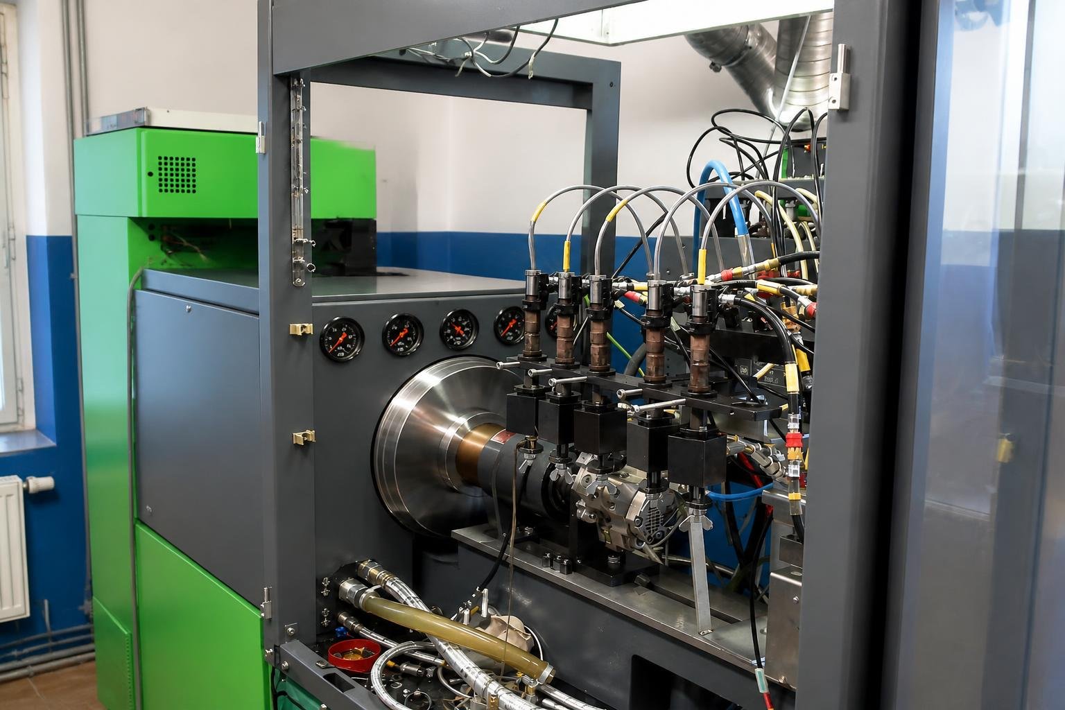 Four common-rail injectors mounted together on a professional calibration rig with high-pressure lines, gauges, and a computer workstation.
