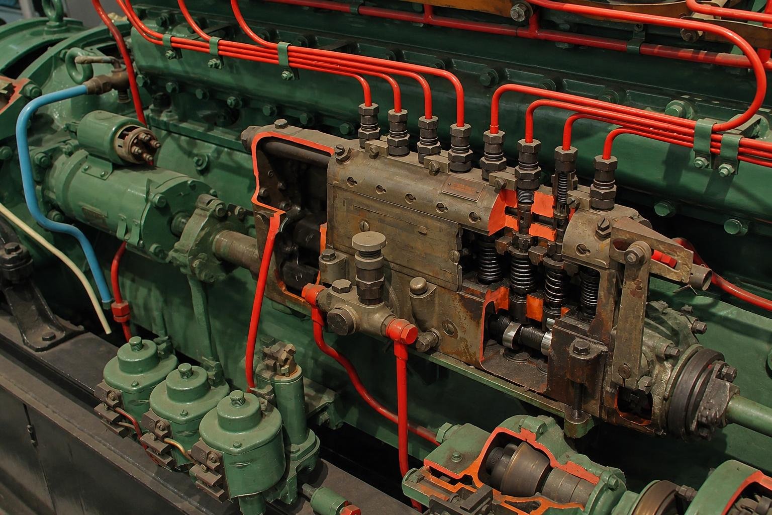 Museum cutaway revealing the internals of an inline injection pump for a JNR DMH17 diesel engine.