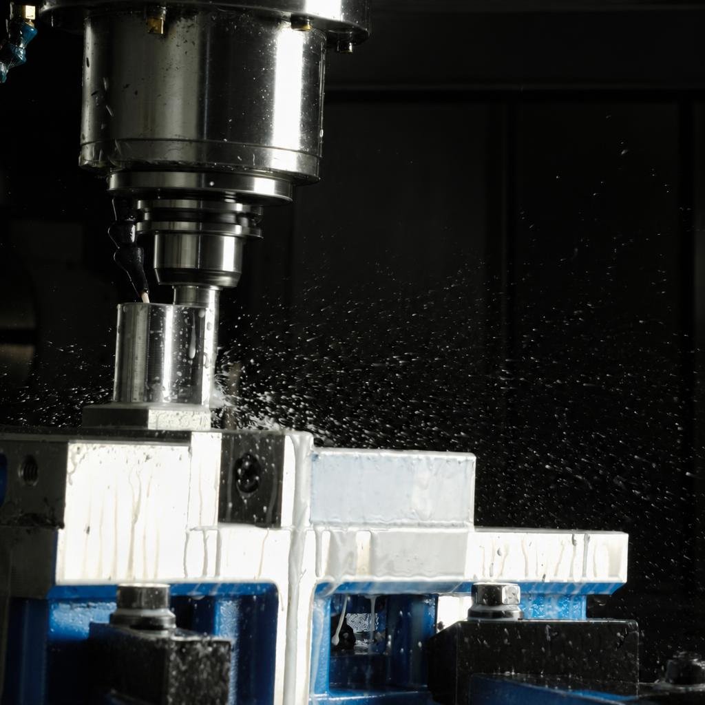 CNC milling cutter removing metal from a clamped component under coolant