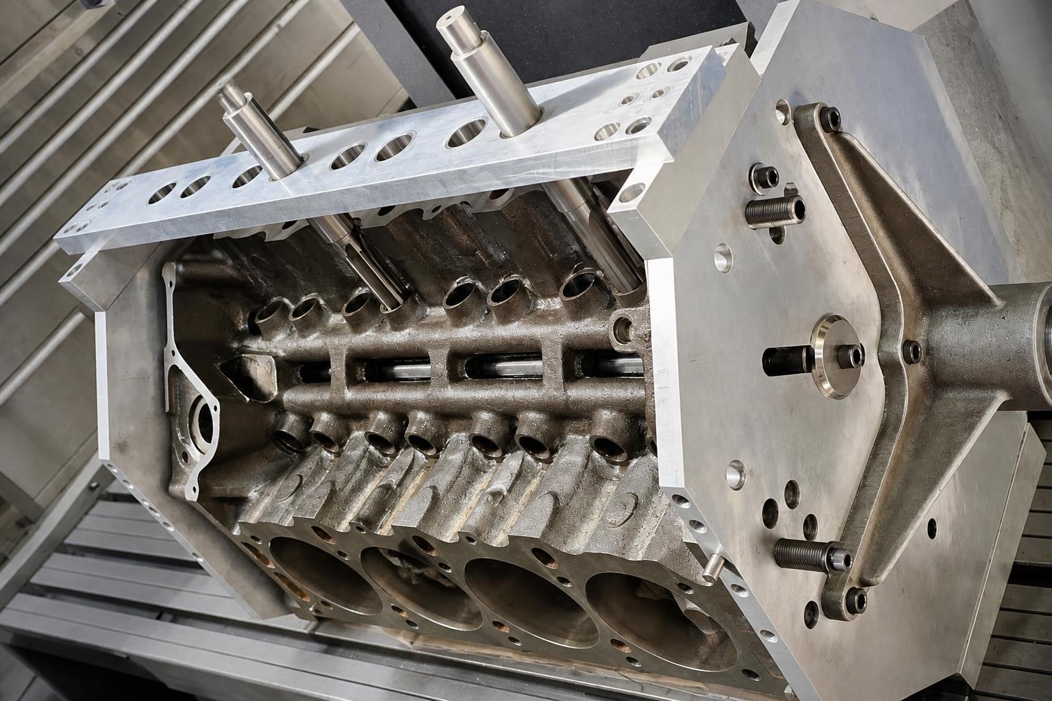 V-engine block held in a precision fixture with bore tooling positioned above it