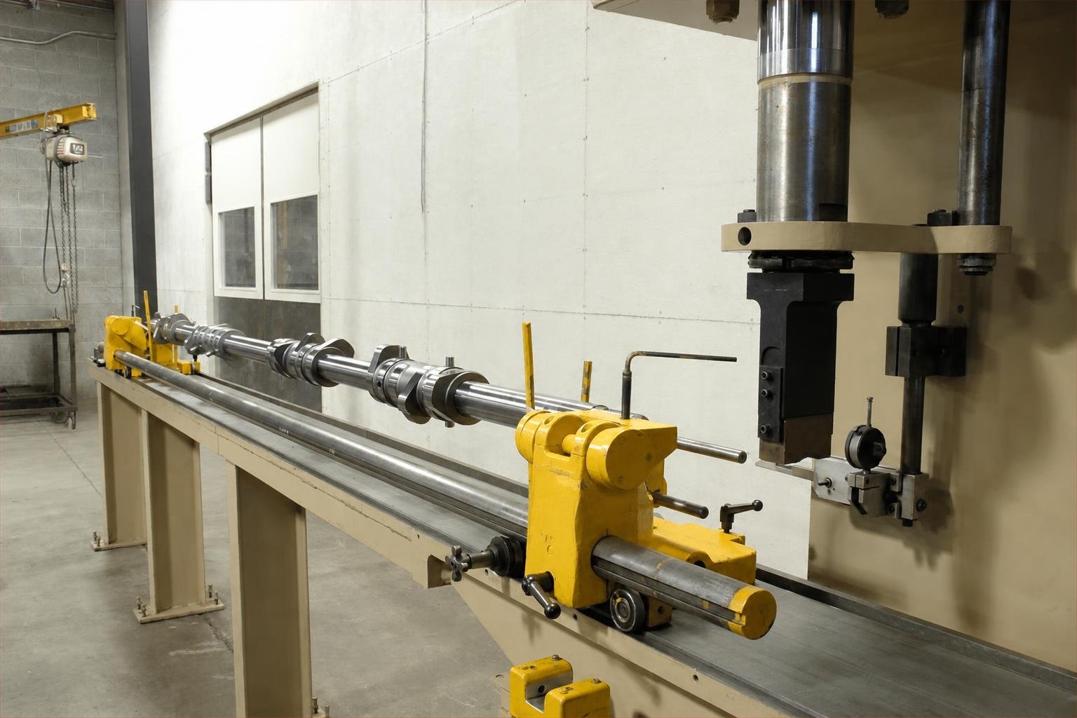 Long camshaft supported beside a hydraulic straightening press and dial indicator